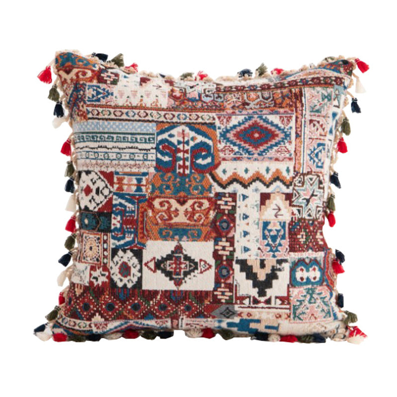 Decorative Bohemian Patchwork Tapestry Throw Pillow Cover with Pom-Pom Tassel Trim