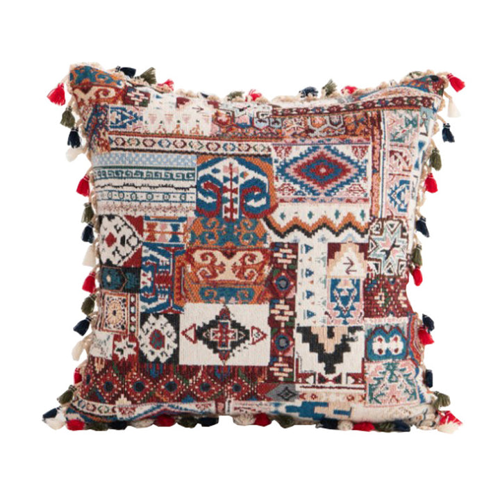 Decorative Bohemian Patchwork Tapestry Throw Pillow Cover with Pom-Pom Tassel Trim
