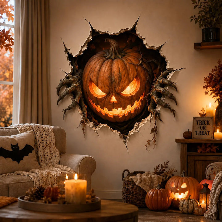 Three-dimensional Halloween wall sticker witch with hole-in-wall effect and pumpkin lantern