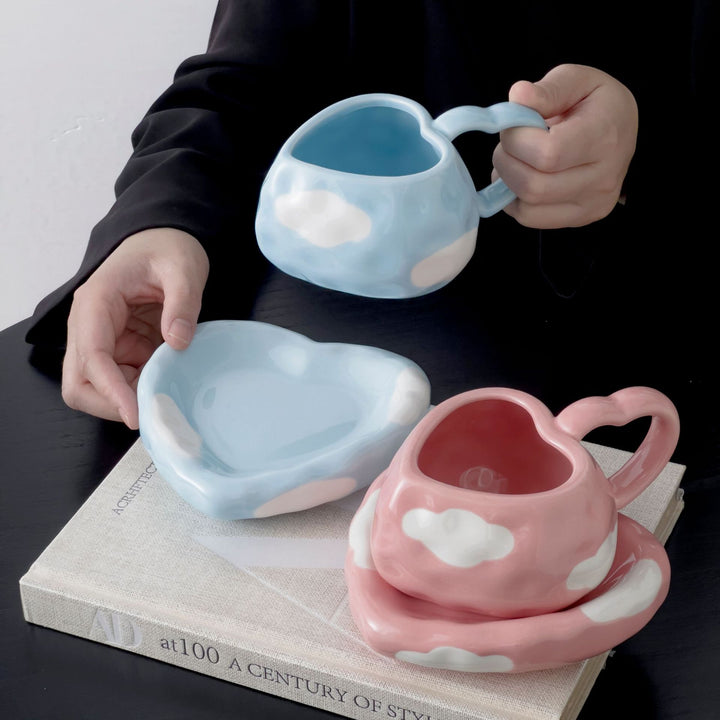 Playful ceramic heart cups with organic cloud saucer