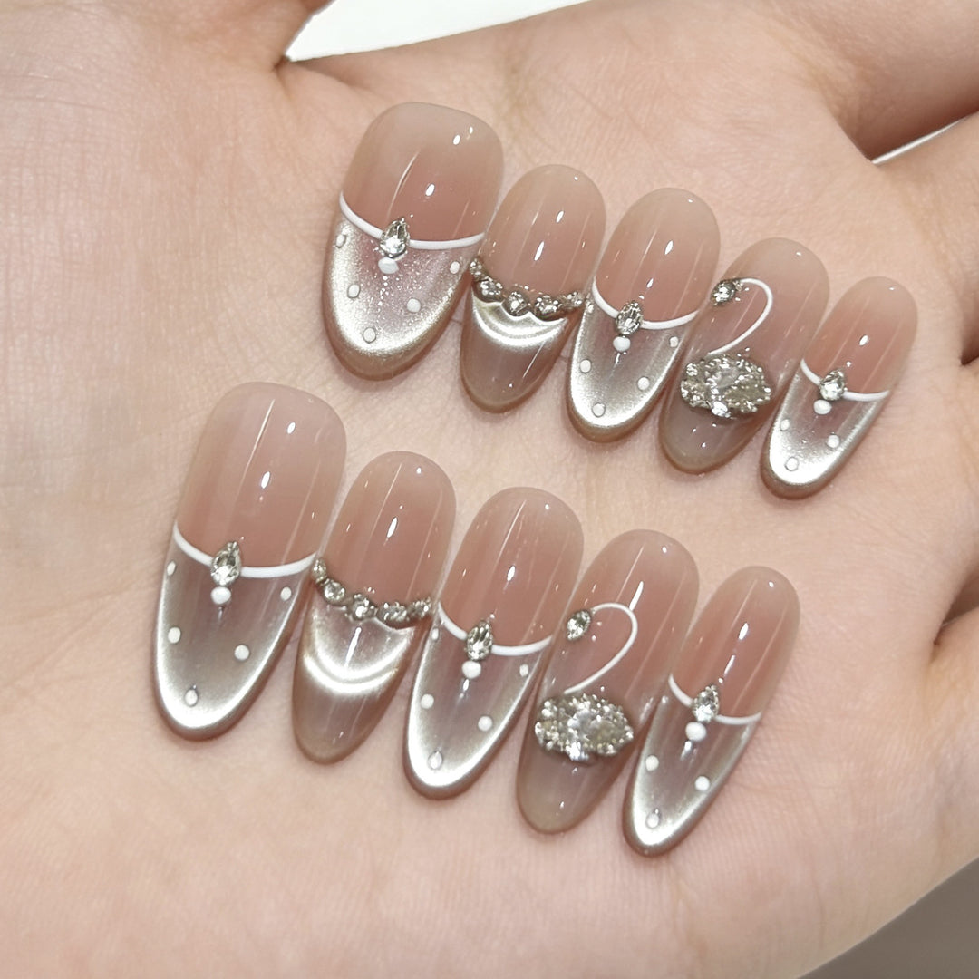 Decorative Press-On Nails with Elegant Swan and Gemstone Accents Kalsten