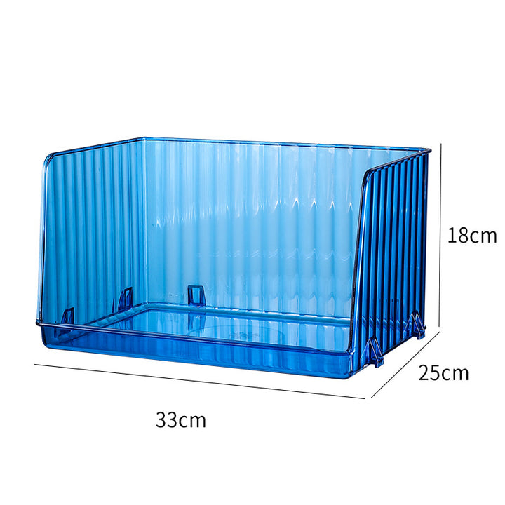 Open kitchen and refrigerator organizer with front opening and ribbed sides