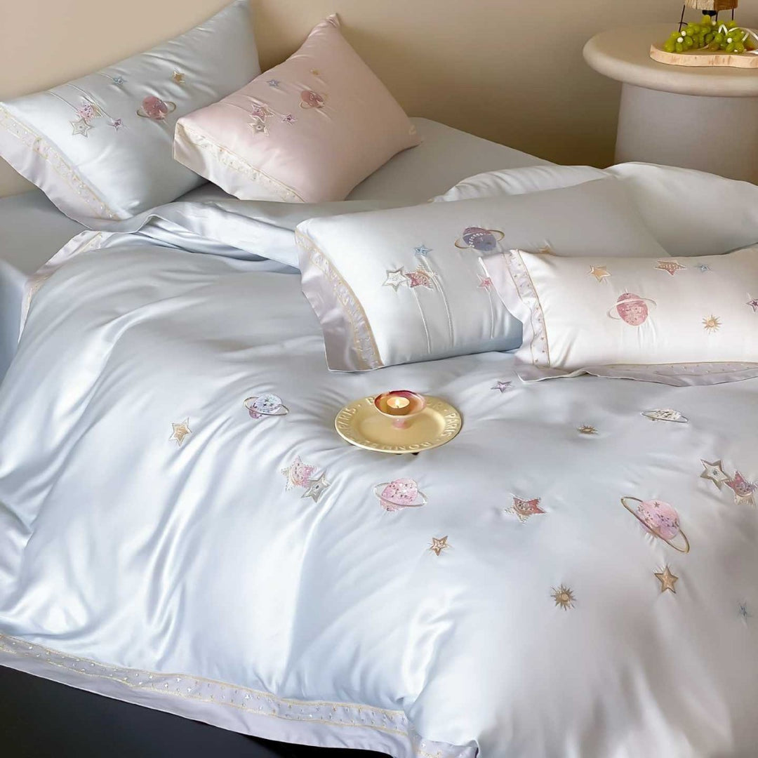 Satin bedding set with embroidered galaxy motif and silky smooth finish