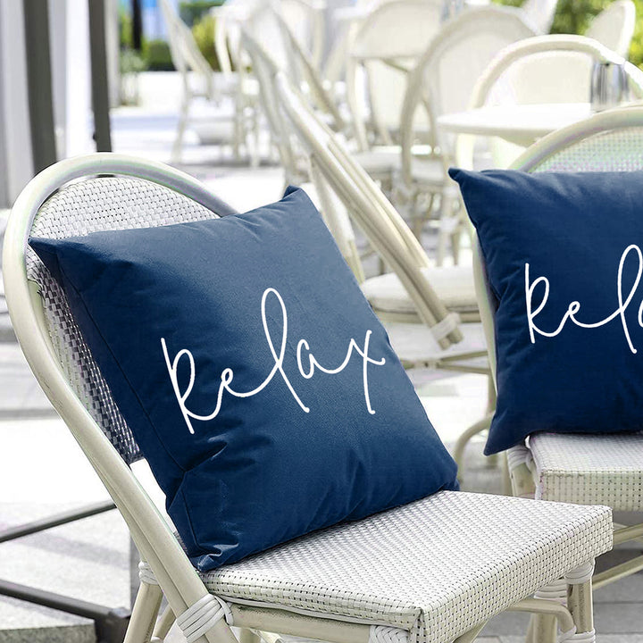 Square Script 'Relax' Outdoor-Ready Throw Pillow Cover with Hidden Zipper