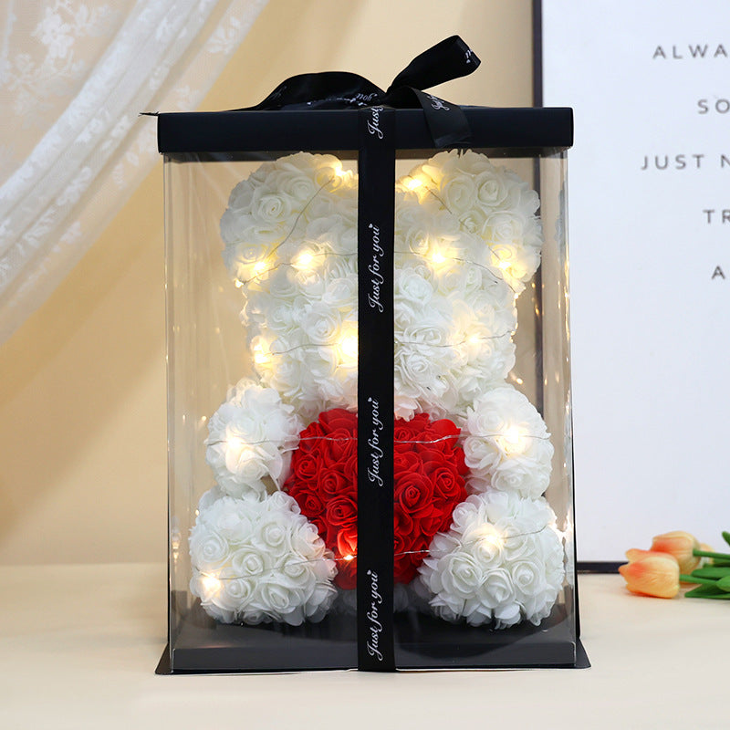 Foam Rose Teddy Bear Gift Sculpture With Satin Ribbon Bow