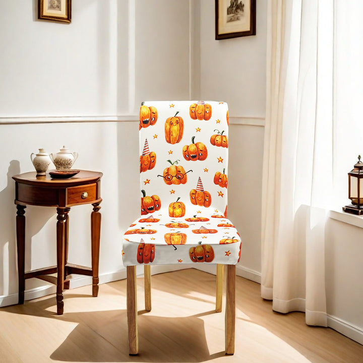 Elastic chair cover for high backs with Halloween pumpkin and witch hat print