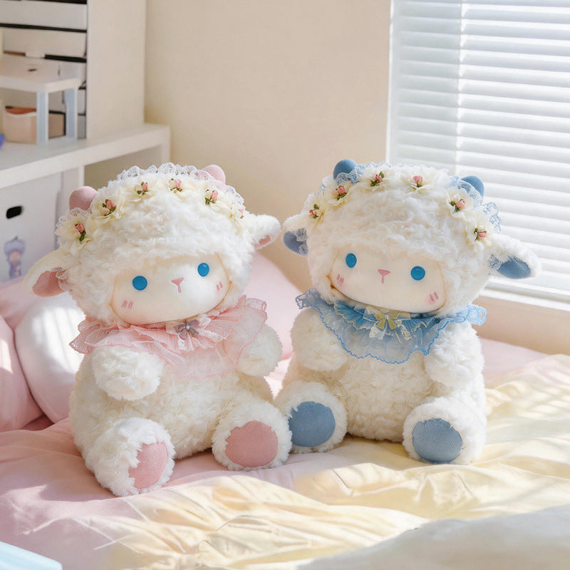 Plush Lamb Sitting Collectible with Floral Lace Headband and Decorative Ruffle Collar Kalsten