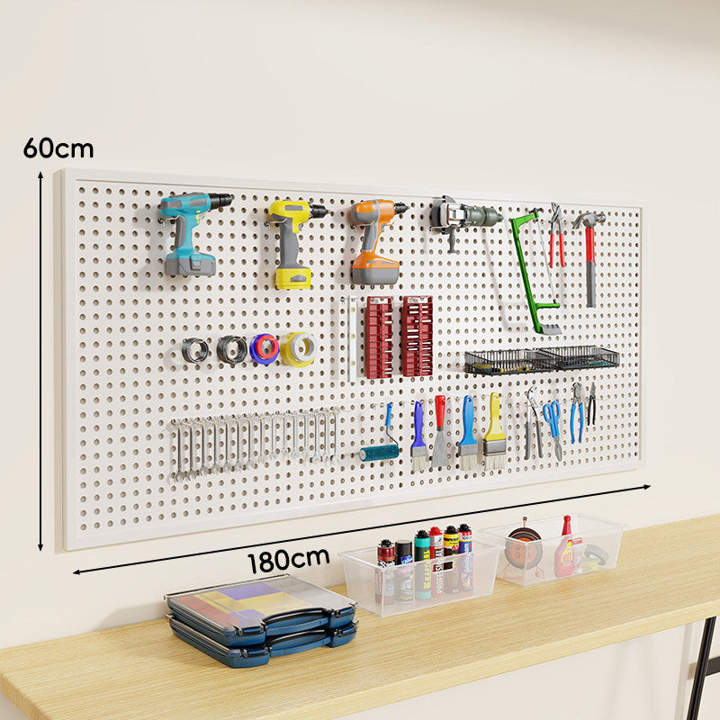 Wall-Mounted Perforated Metal Tool Pegboard Organizer Panel with Modular Hooks and Wire Baskets