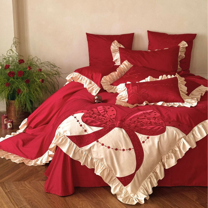 Premium Satin Bed Set with Ruffle Frill and Appliquéd Bow Embroidery Kalsten