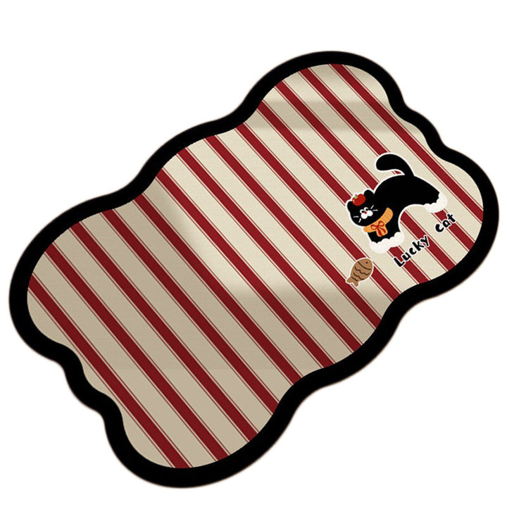 Decorative Scalloped Non-Slip Striped Bath Mat with Lucky Cat Print