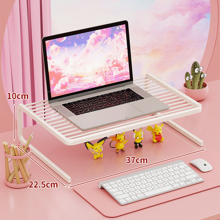 Tiered Adjustable Metal Laptop and Monitor Riser with Ventilated Slatted Shelves and Under-Storage Organizer