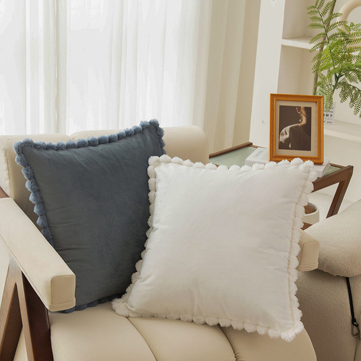 Plush Velvet Square Decorative Throw Pillow with Pom-Pom Border and Removable Cover
