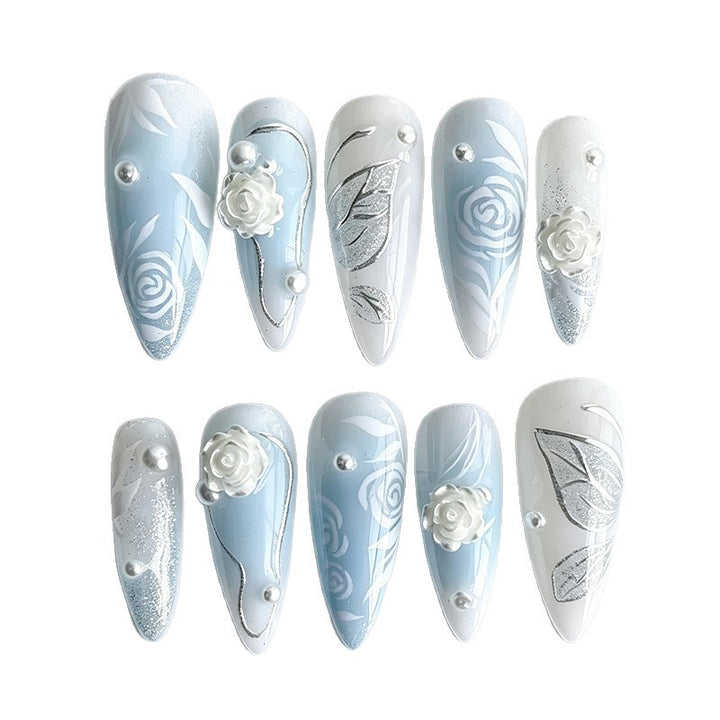 Artificial nail set with elegant floral motifs and glitter effects Kalsten