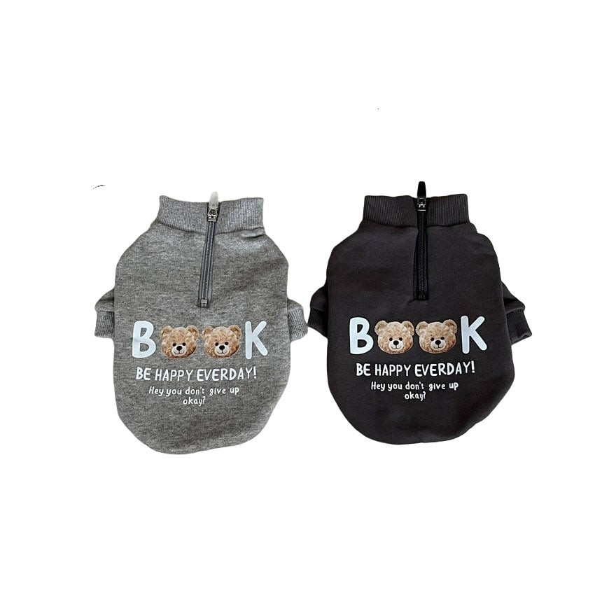 Zip-Up Cotton Blend Pet Sweater with Teddy Bear Print