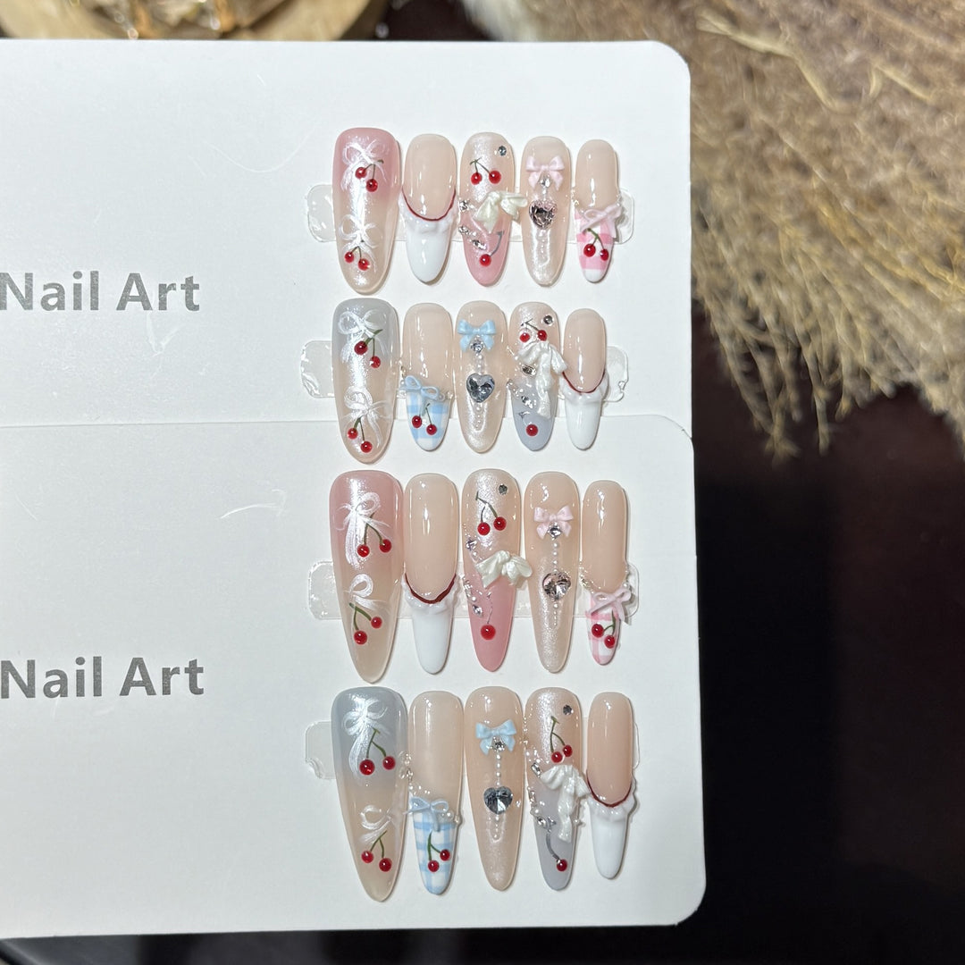 Decorative Press-On Nail Art Set with Charming Cherry Accents Kalsten