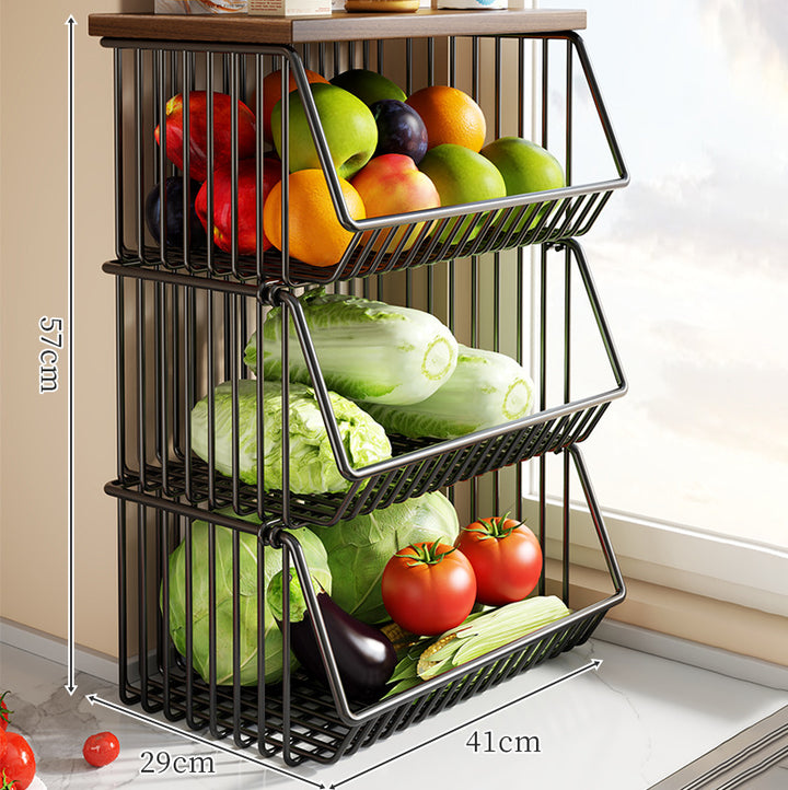 Countertop Wooden Top Metal Wire Fruit and Vegetable Storage Rack
