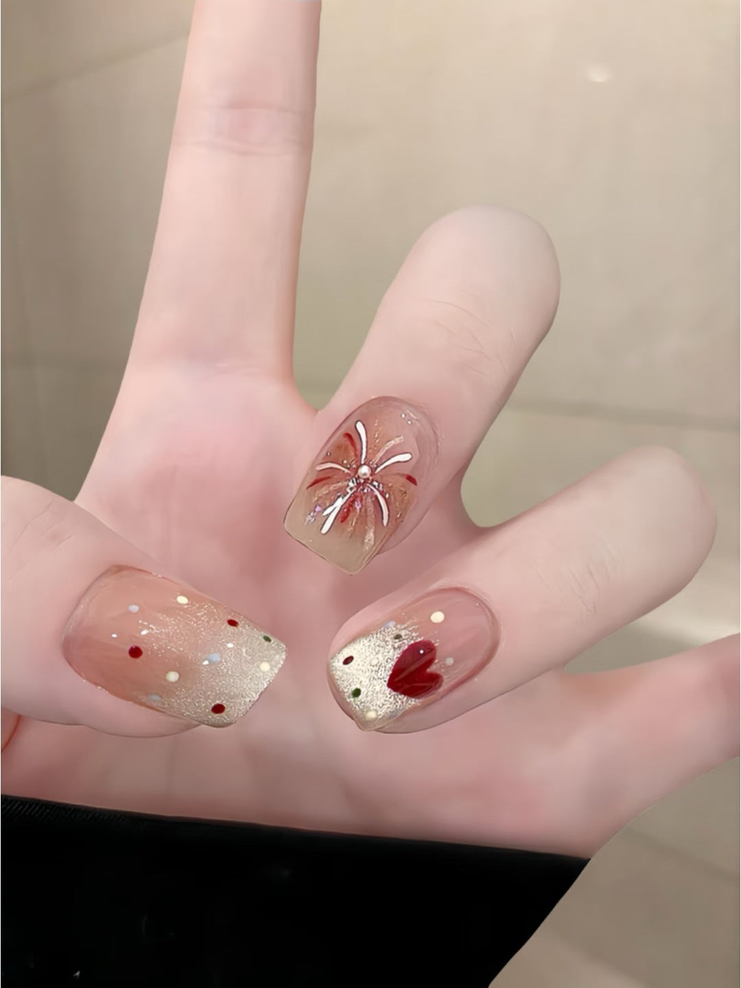 Artistic Press-On Nail Art Set with Floral and Glitter Accents