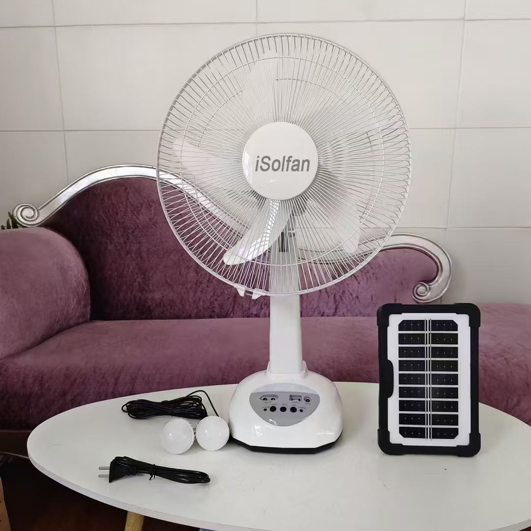 Women's portable solar stand fan with LED lighting and integrated USB connection Kalsten