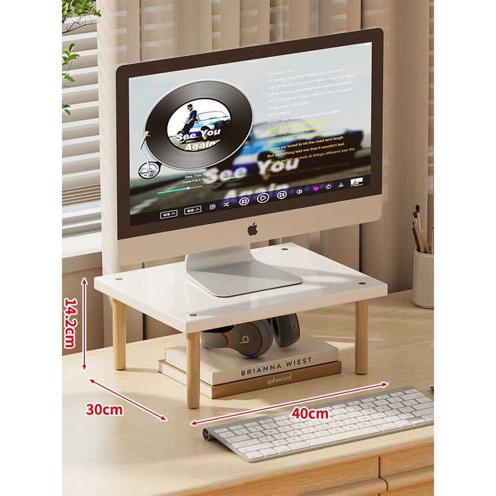 Compact Elevated Monitor Riser Stand with Wooden Legs and Under-Storage