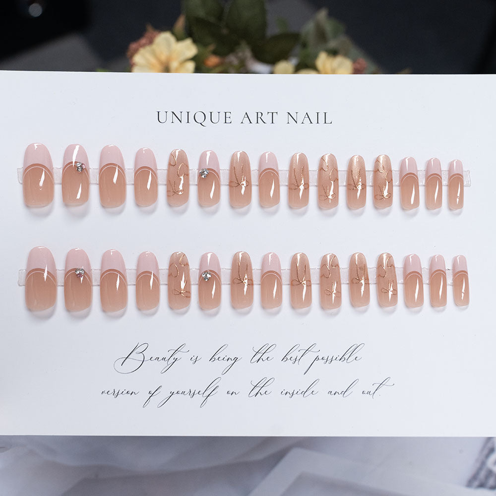 Elegant French Tip Press-On Nails Set with Decorative Accents