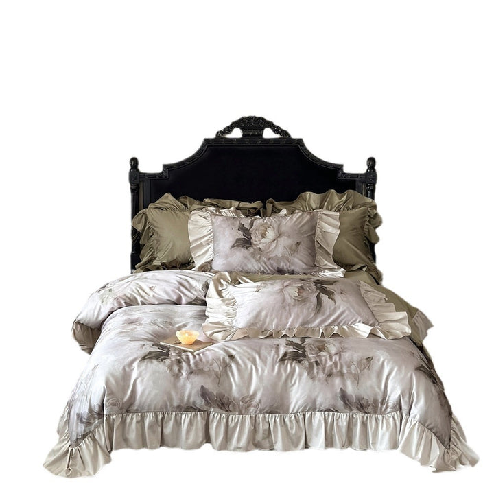 Luxurious satin bedding set with ruffles and watercolor flowers