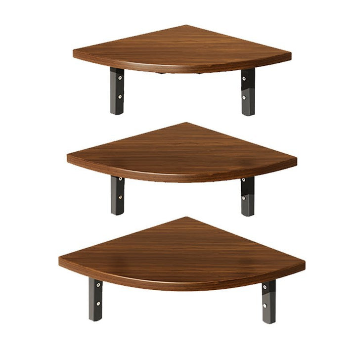 Corner Floating Wall Shelf with Curved Triangular Wooden Top and Heavy-Duty Metal Brackets
