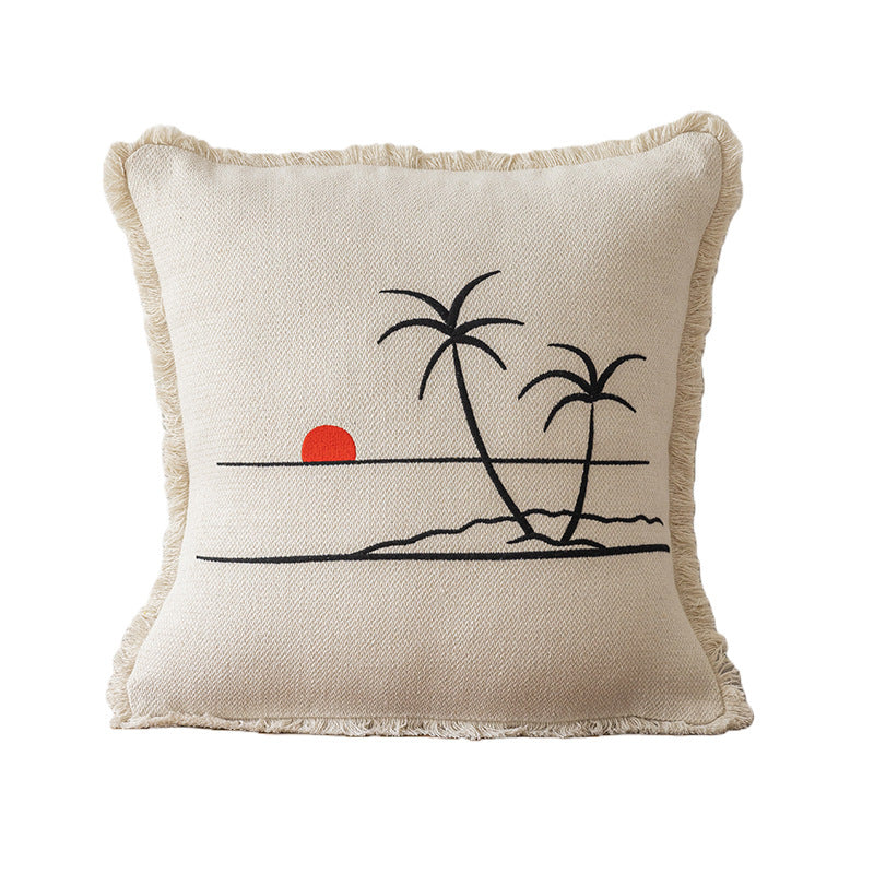 Decorative Embroidered Fish & Waves Fringe Throw Pillow with Linen-Blend Cover