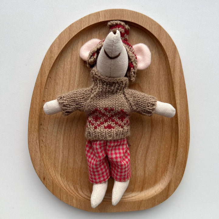 Miniature Hand-Sewn Linen Mouse Soft Toy with Crocheted Dress