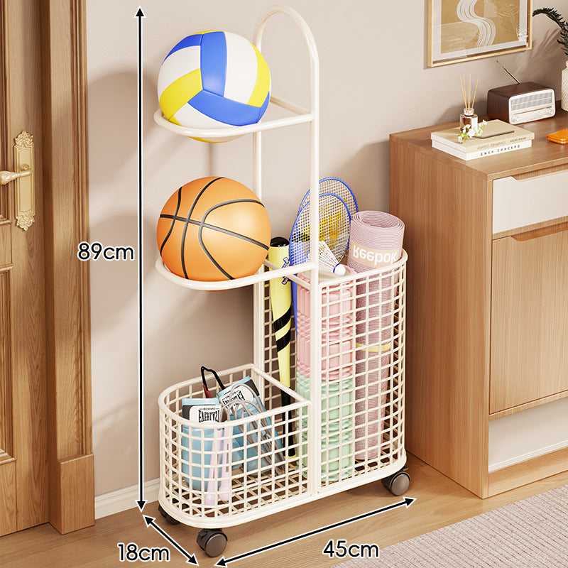 Vertical Rolling Sports Equipment Organizer Cart with Dual Ball Shelves and Mesh Storage Baskets