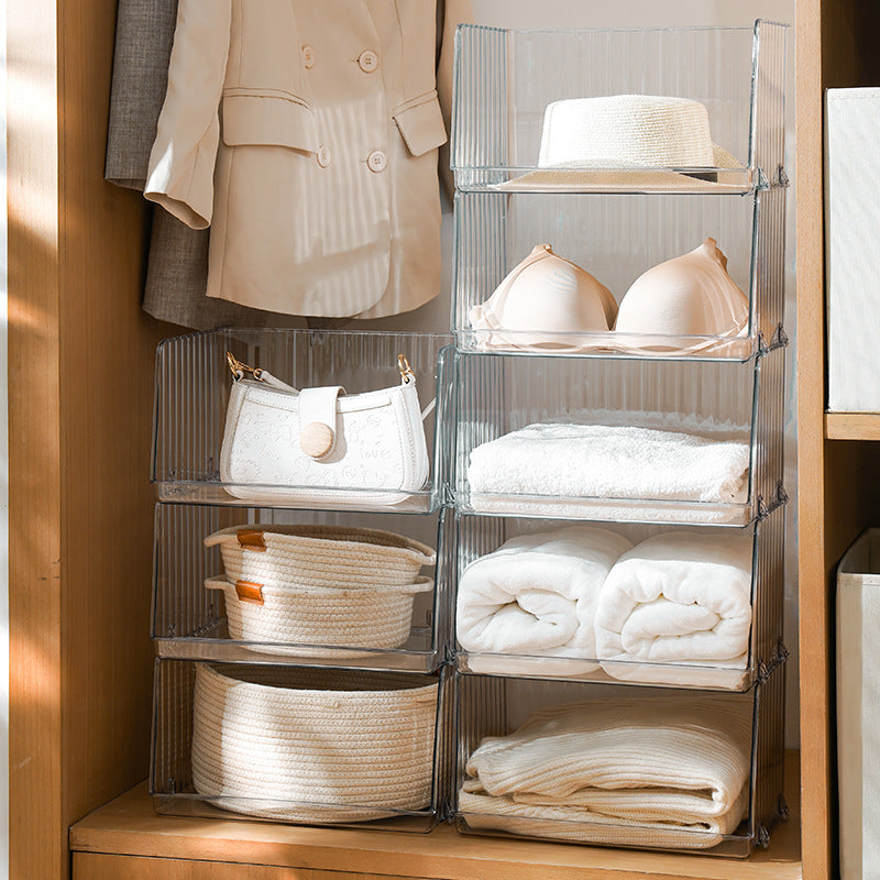 Open kitchen and refrigerator organizer with front opening and ribbed sides