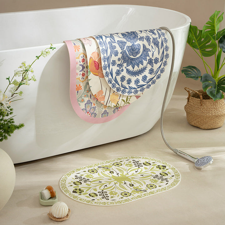 Oval wipeable table set made of vinyl with floral retro pattern and non-slip back Kalsten