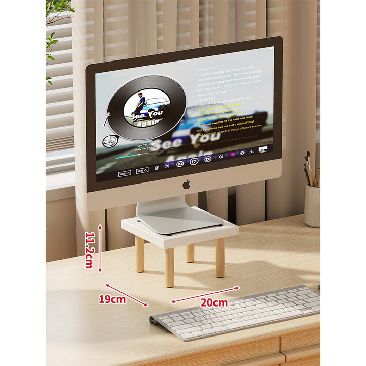 Compact Elevated Monitor Riser Stand with Wooden Legs and Under-Storage