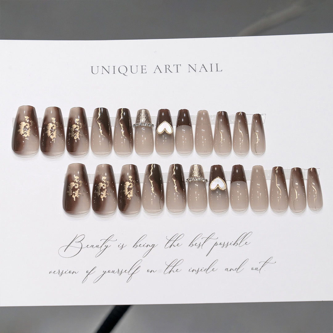 Elegant Press-On Nail Set with Heart and Rhinestone Accents