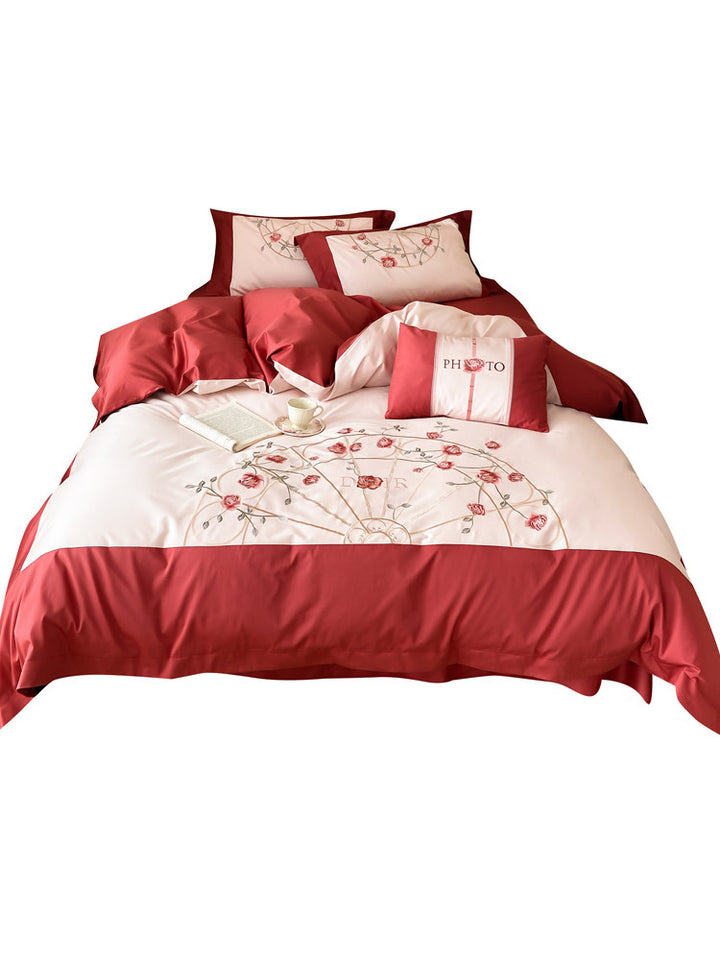 Luxurious embroidered bedding set made of cotton satin with rose motif