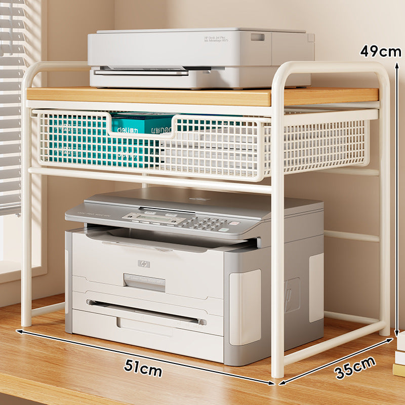Two Tier Metal and Wood Printer Stand with Sliding Mesh Drawer and Under-Shelf Storage