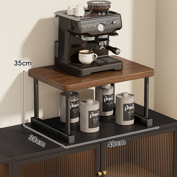 Two-Tier Countertop Coffee Station Shelf Riser with Walnut Top and Metal Frame
