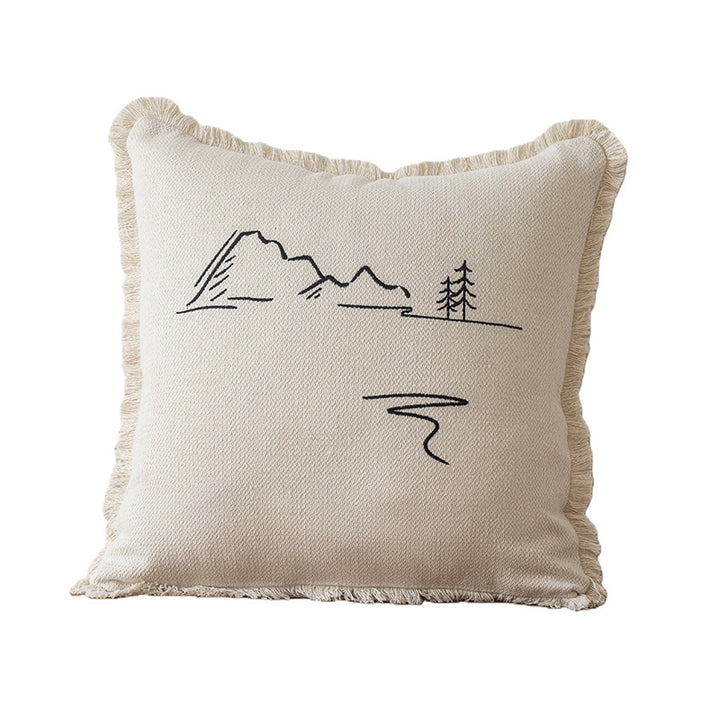 Decorative Embroidered Fish & Waves Fringe Throw Pillow with Linen-Blend Cover