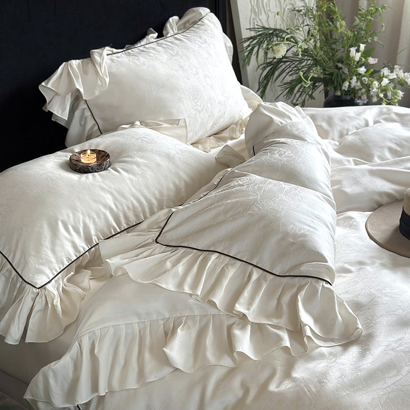 Luxurious bedding set with ruffles and jacquard pattern