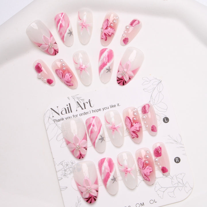 Acrylic nail set with elegant flower and glitter pattern Kalsten
