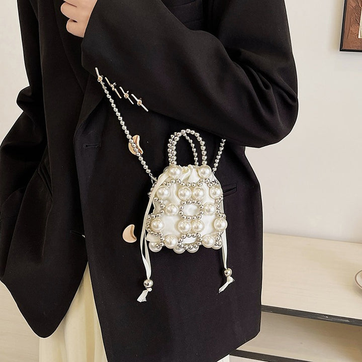 Decorative Pearl-Embellished Mini Drawstring Handbag