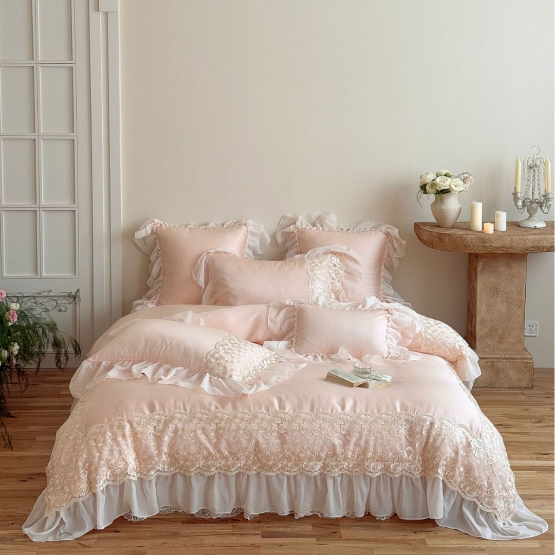 Luxurious lace bedding set with ruffles and frills
