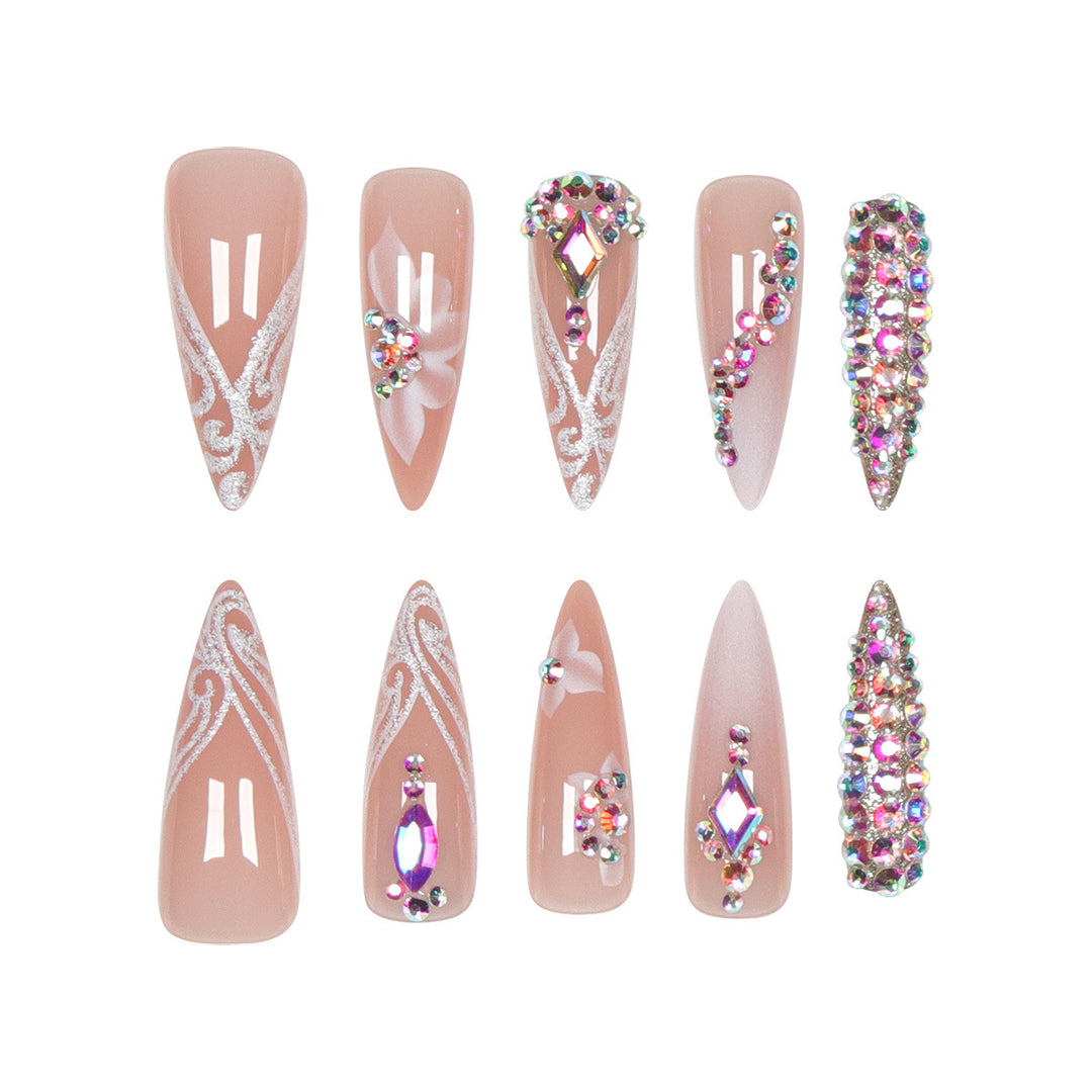 Decorative Stiletto Press-On Nails with Floral and Rhinestone Design Kalsten
