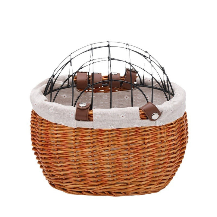 woven rattan pet carrier basket with detachable linen liner and foldable metal safety dome Kalsten