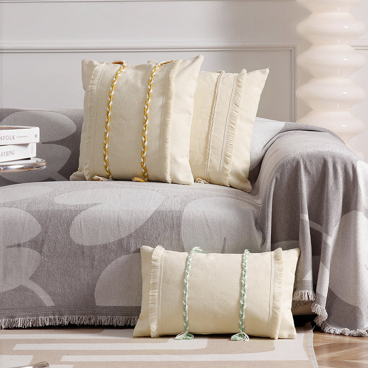 Premium cushion cover made of cotton-linen with triple decorative cord and fringes