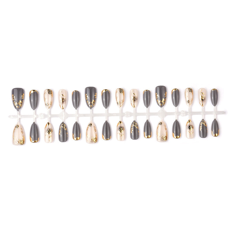 Artificial Nail Set with Elegant Rose Design and Gold Accents Kalsten