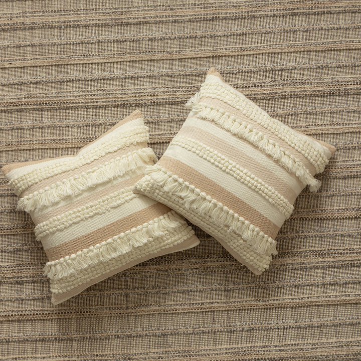 Decorative woven cushion cover with fringes and textured striped design Kalsten