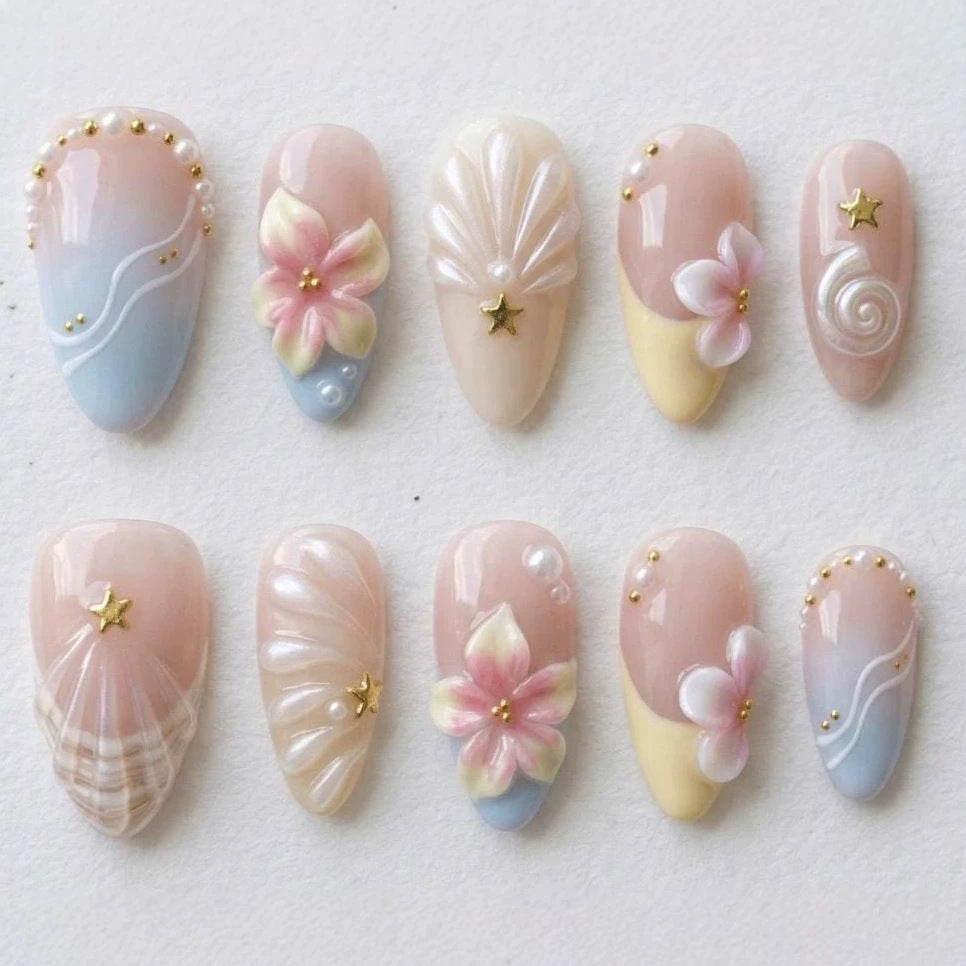 Artificial nail set with elegant flower and shell design Kalsten