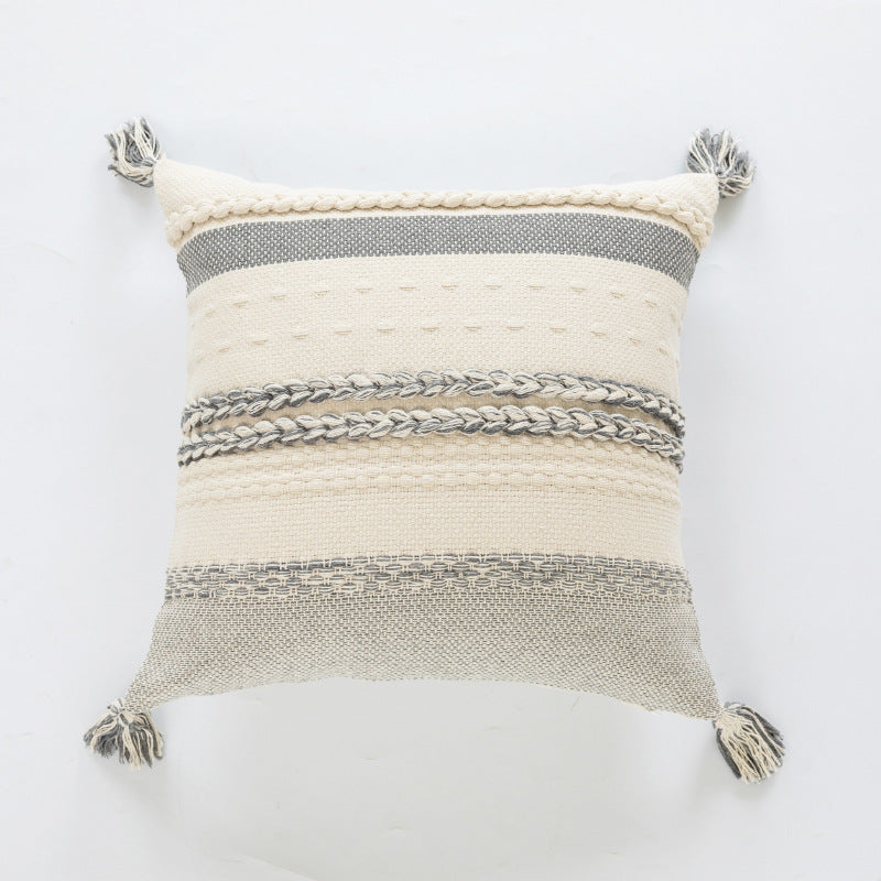 Coastal-Inspired Woven Cotton Square Accent Pillow with Braided Rope Bands and Corner Tassels