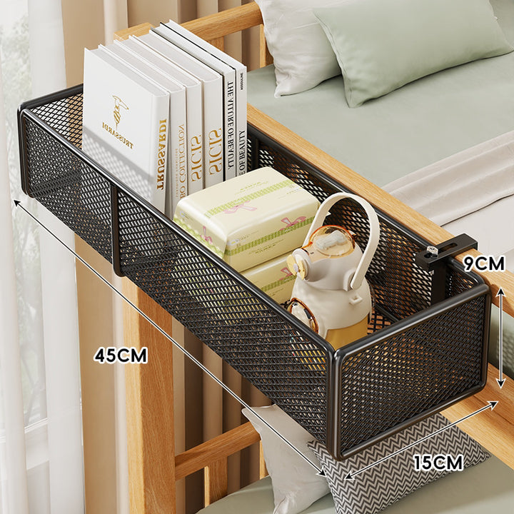 Clamp-On Mesh Bedside Rail Organizer Shelf with Multi Hooks