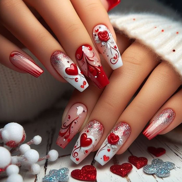 Romantic Heart-Themed Acrylic Nail Art Extensions Kalsten